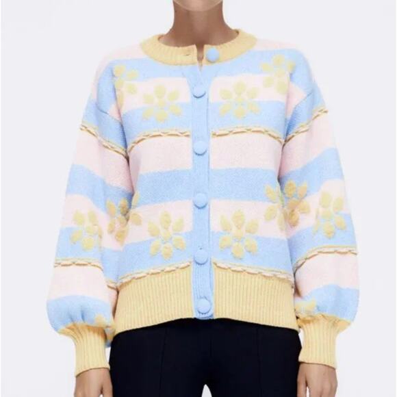 (S) Zara Pastel Colors Floral Jacquard Cozy Knit Button Front Cardigan Sweater - Picture 5 of 15